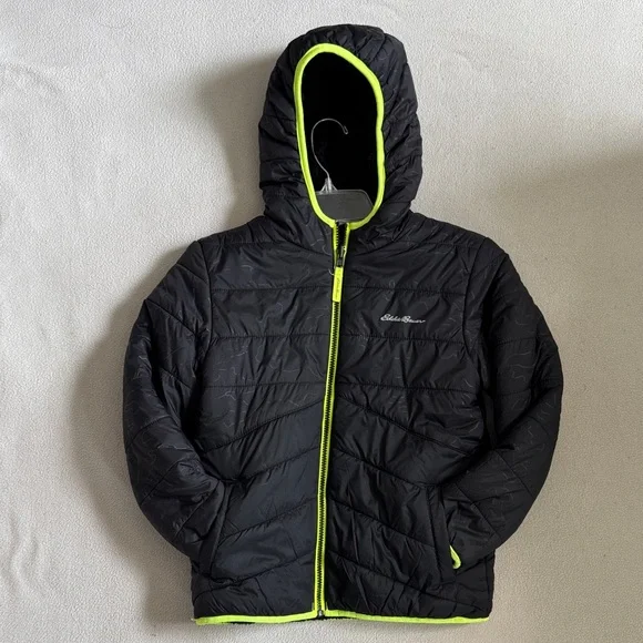 Eddie Bauer Zip Up Hoodie Fleece-Lined Black Jacket with Neon Trim Size S - Picture 2 of 6